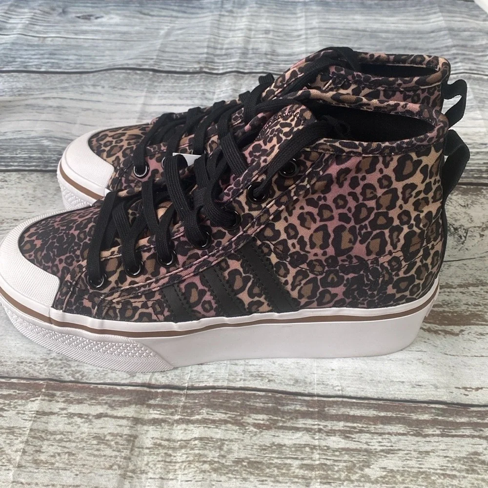 Adidas Nizza Platform Mid Leopard Print Sneakers Pink/Blk/Brwn Size 6 GY9531